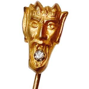 Unusual Antique Art Nouveau Figural Stickpin 10k Gold Plate Gargoyle Face Pin
